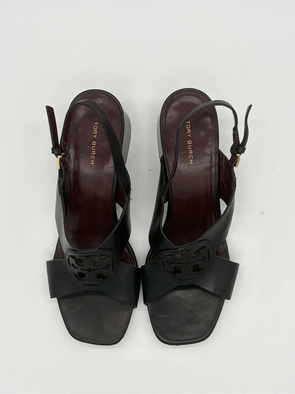 Tory Burch Black Leather Logo Block Heel Slingbacks